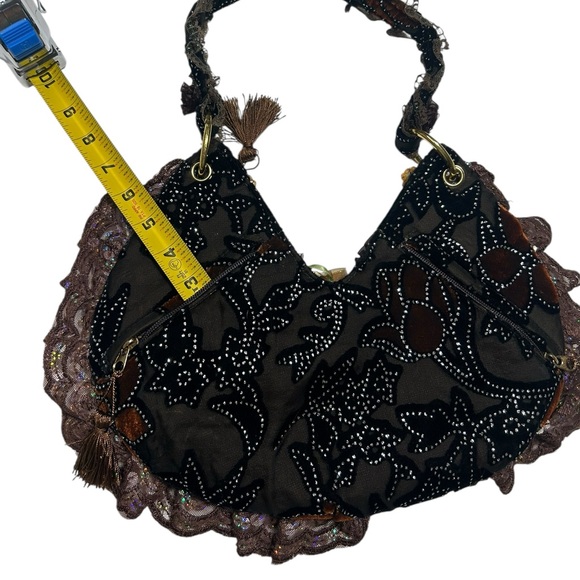 Y2K Boho Beaded Lace Ruffle Shoulder Bag Brown Purse Sequin Patchwork Retro Glam - Picture 9 of 12